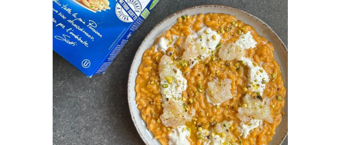 Risotto con crema di scampi, zafferano e tartare di scampi
