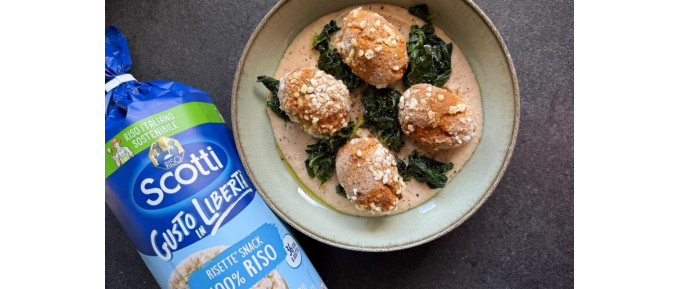 Polpette di fagioli su un letto di hummus con verdure campagnole,e risette
