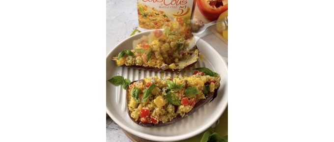 BARCHETTE DI MELANZANE CON ORO INSALATE COUS COUS