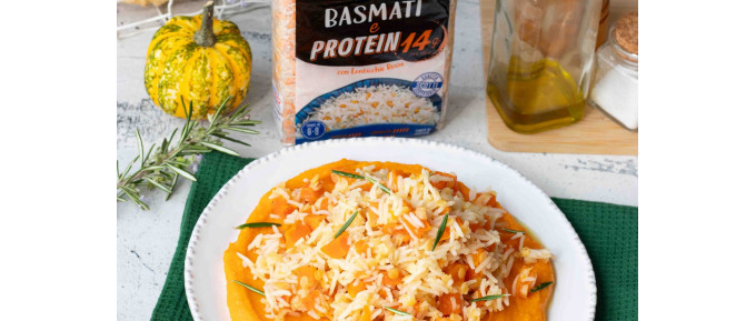 BASMATI PROTEIN CON ZUCCA AL MIELE E ROSMARINO E CREMA DI ZUCCA